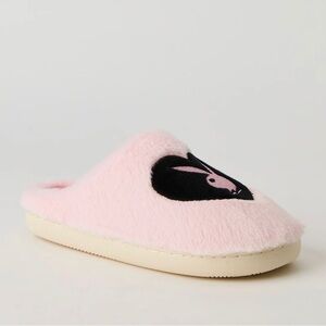PLAYBOY Pink Fuzzy Slide Slippers with Black Logo